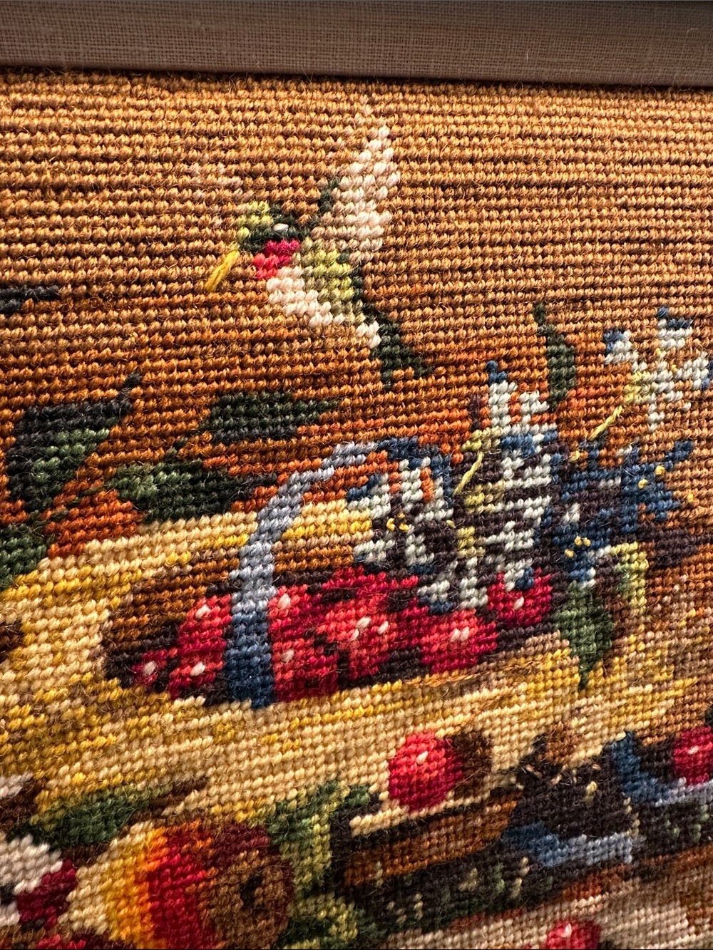 Vintage Framed Needlepoint Floral, Fruit & Hummingbird Still Life in Warm Tones - Picture 2 of 3